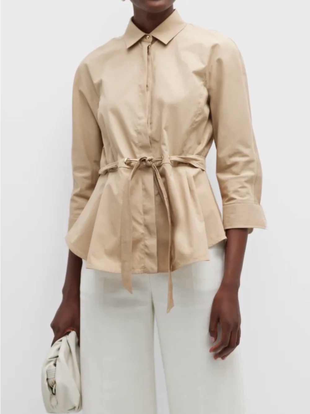 Max Mara Beige Belted Cotton Poplin Peplum Shirt Blouse NWT Size 6